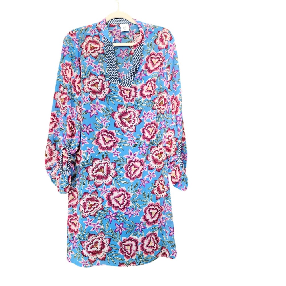 Cabi M'Legant Dress Blue Floral V-Neck Smocked Cuff Shift Mini XS 5612 bishop sl